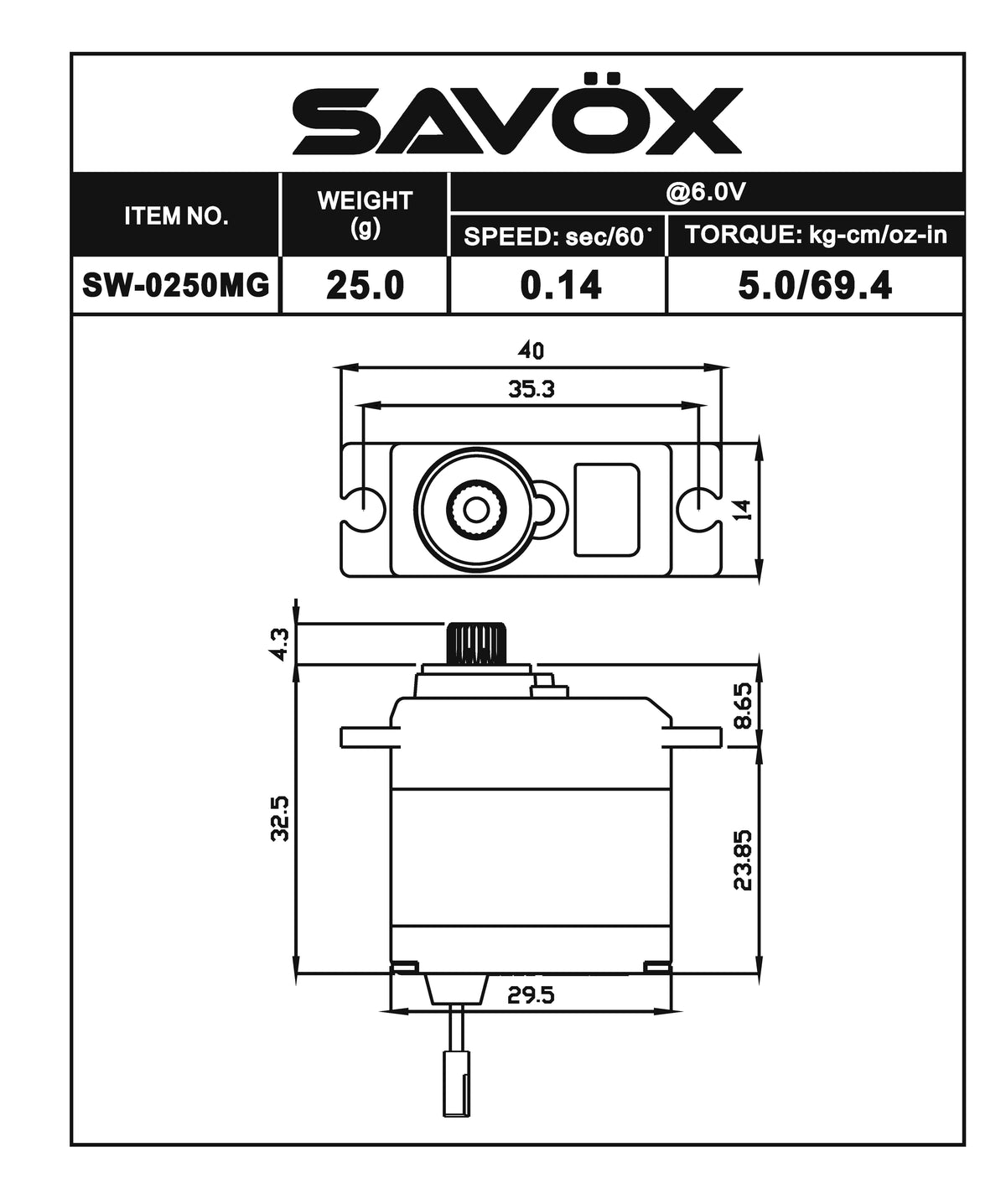 WATERPROOF DIGITAL MICRO SERVO .11/69@6V – Savox USA