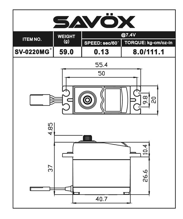 SV0220MGP - High Voltage Standard Digital Servo 0.13sec / 111.1oz @ 7.4V